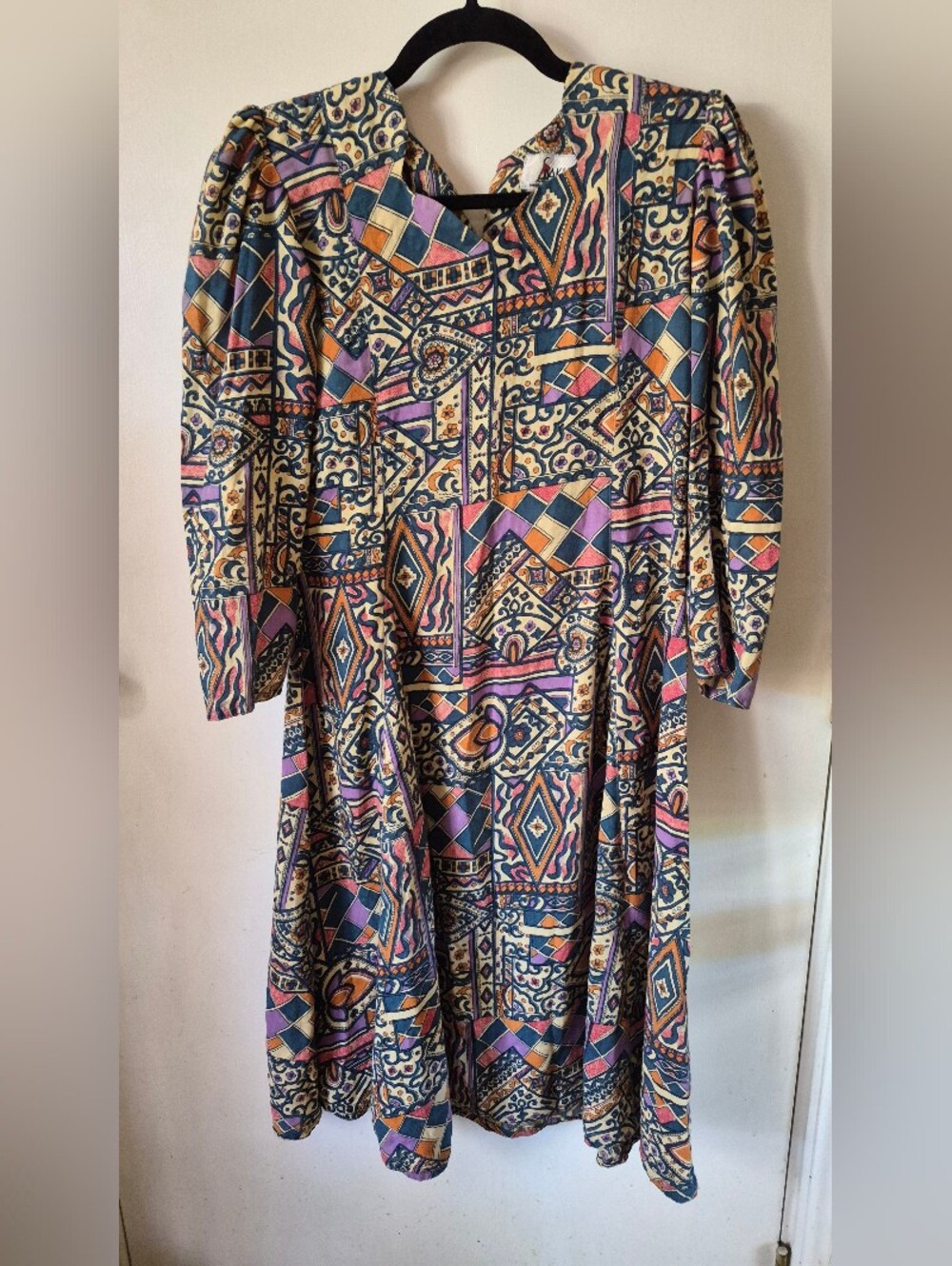 Vintage Ethnic Geometric Print Midi Dress in Multicolor